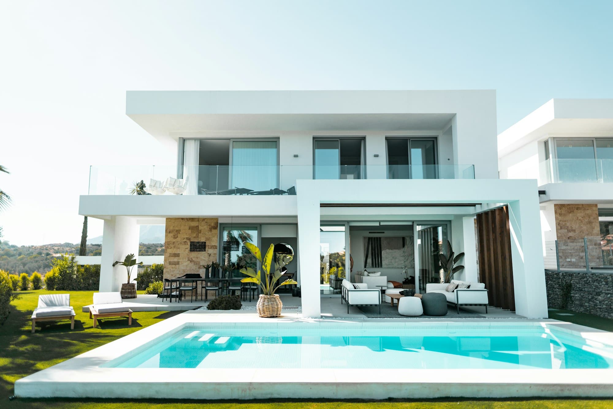 A modern white villa against the sky
